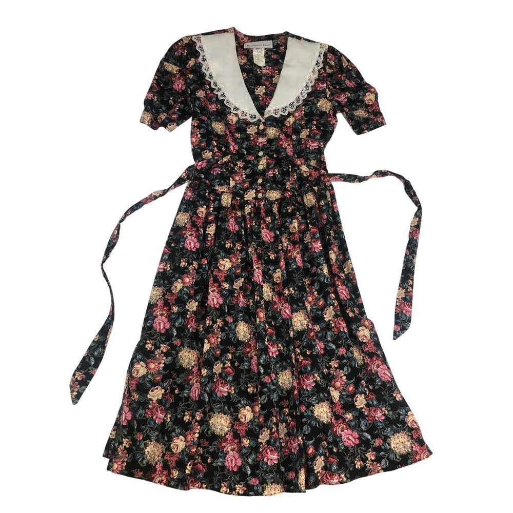Brandywine Creek Vintage Floral Midi Dress 9/10 Lace Trimmed Peter Pan Collar